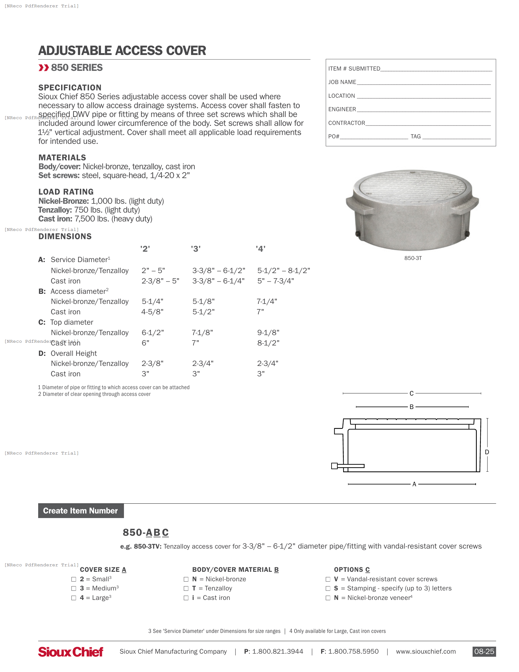 850 SERIES - ACCESS COVER - SPEC SHEET.PDF Specification Document